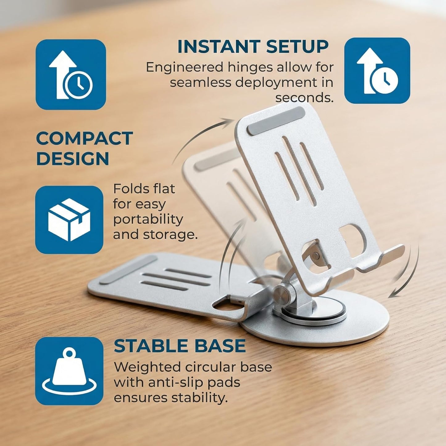 Universal Metal Cell Phone Stand, Multi-Angel Adjustable 360° Rotation Non-Slip Metal Phone Stents (Aurora Silver)