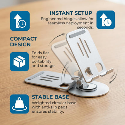 Universal Metal Cell Phone Stand, Multi-Angel Adjustable 360° Rotation Non-Slip Metal Phone Stents (Aurora Silver)