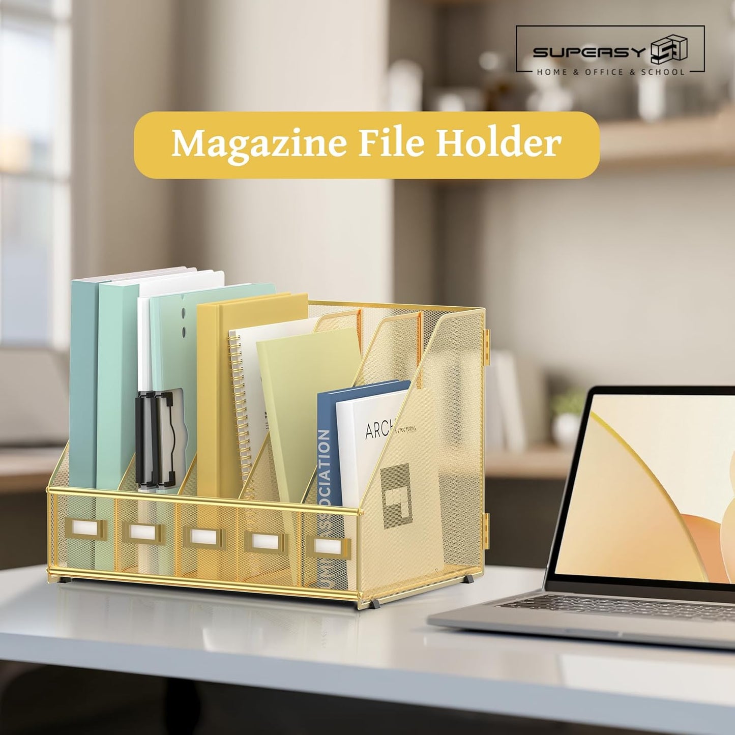 SUPEASY Desk Organizers Metal Desk Magazine File Holder with 5 Vertical Compartments Rack File Organizer for Office Desktop, Classroom, Home Workspace, Black