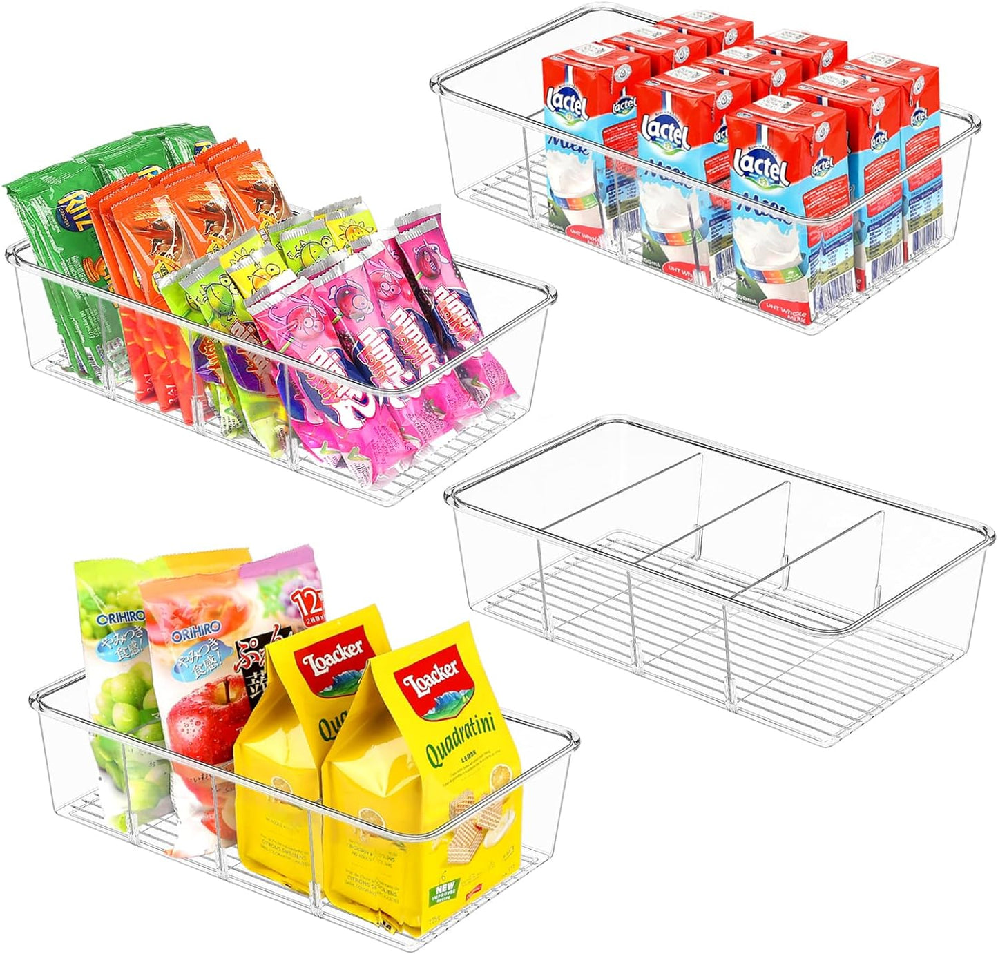 ZIZOTI Snack Organizer for Pantry Shelf, 6 Pack Clear Plastic Pantry Storage Bins with 3 Dividers for Snacks, Spices, Chips Food Organizer, Stackable Pantry Organizers for Kitchen, Fridge, Cabinet
