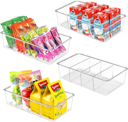 ZIZOTI Snack Organizer for Pantry Shelf, 6 Pack Clear Plastic Pantry Storage Bins with 3 Dividers for Snacks, Spices, Chips Food Organizer, Stackable Pantry Organizers for Kitchen, Fridge, Cabinet