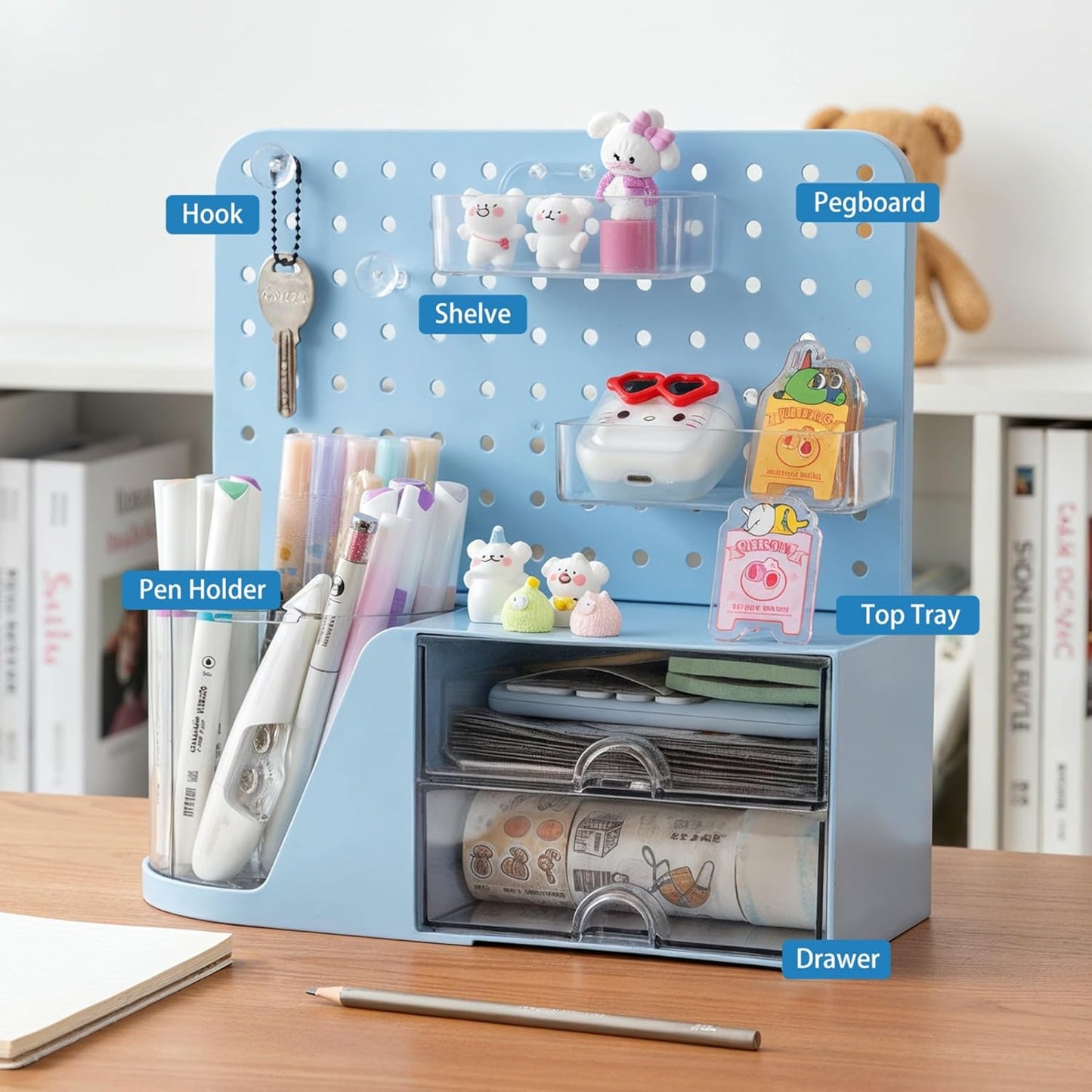 Comix 360° Rotating Pen Holder for Desk, Cute Pencil Holder Pen Organizer, Beige Acrylic Pencil Cup Caddy with 5 Slots for Home School Office Supplies