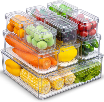 KUMD 10-Pack Clear Fridge Organizer Bins with Lids, Stackable Refrigerator Storage Containers, BPA-Free with Drain Tray & Anti-Slip Base for Fruits, Veggies, Drinks