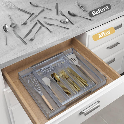 Sedegn Silverware Organizer Metal Mesh, Small Drawer Organizer, Utensil Cutlery Tray for kitchen drawers, Flatware Organizer with 5 Compartment, Black(9.3"*12.6")