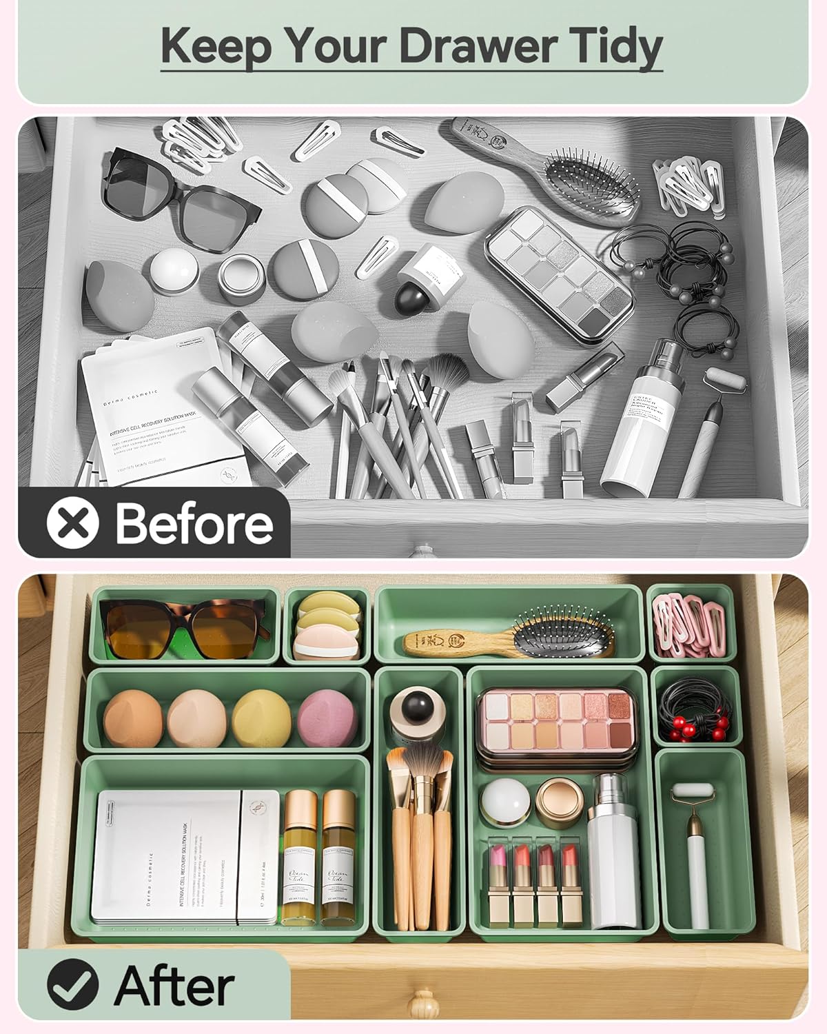 KEMETHY 25 PCS Plastic Drawer Organizers Set, 4 Sizes Vanity Organizer, Makeup and Desk Drawer Organizer Trays, Organization and Storage for Makeup, Bathroom, Kitchen Utensils and Office (Black)