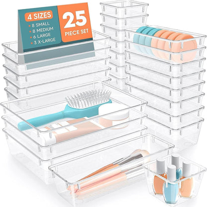 SpaceHacks 25 PCS Plastic Drawer Organizer Set, 4-Size Versatile Organizer Tool Trays & storage Bins for Makeup, Jewelry, and Gadgets in Bathroom, Bedroom and Office,Clear Black