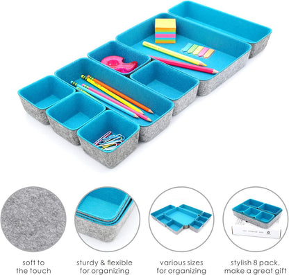Welaxy Desk Drawer Organizer Tray Set, 8-Piece Office Drawer Organizers for Pens, Makeup, Keys, Crafts, Entryway Catchall, Decluttering Storage (Hot Pink)