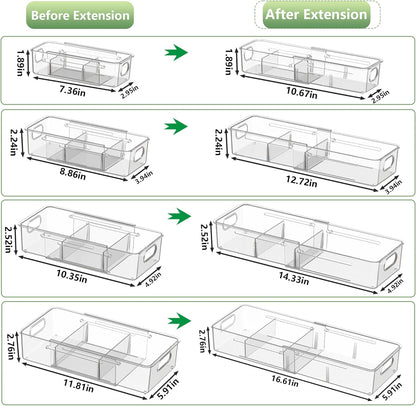 BLULEE Adjustable Clear Drawer Organizers, Expandable Bathroom Drawer Organizer Bins with Dividers, Versatile Makeup Organizer for Drawer, Plastic Desk Drawer Organizer (4 Pcs)