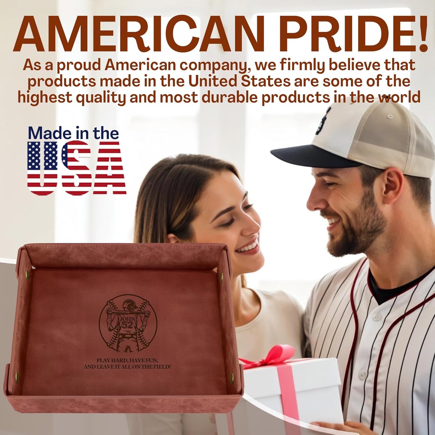Engraved Leather Valet Tray for Men – Personalized Catchall with Custom Name for Desk, Dresser, Nightstand – Men's Organizer Tray for Keys, Wallet, Jewelry, Personalized Gift for Home, Office - Coffee