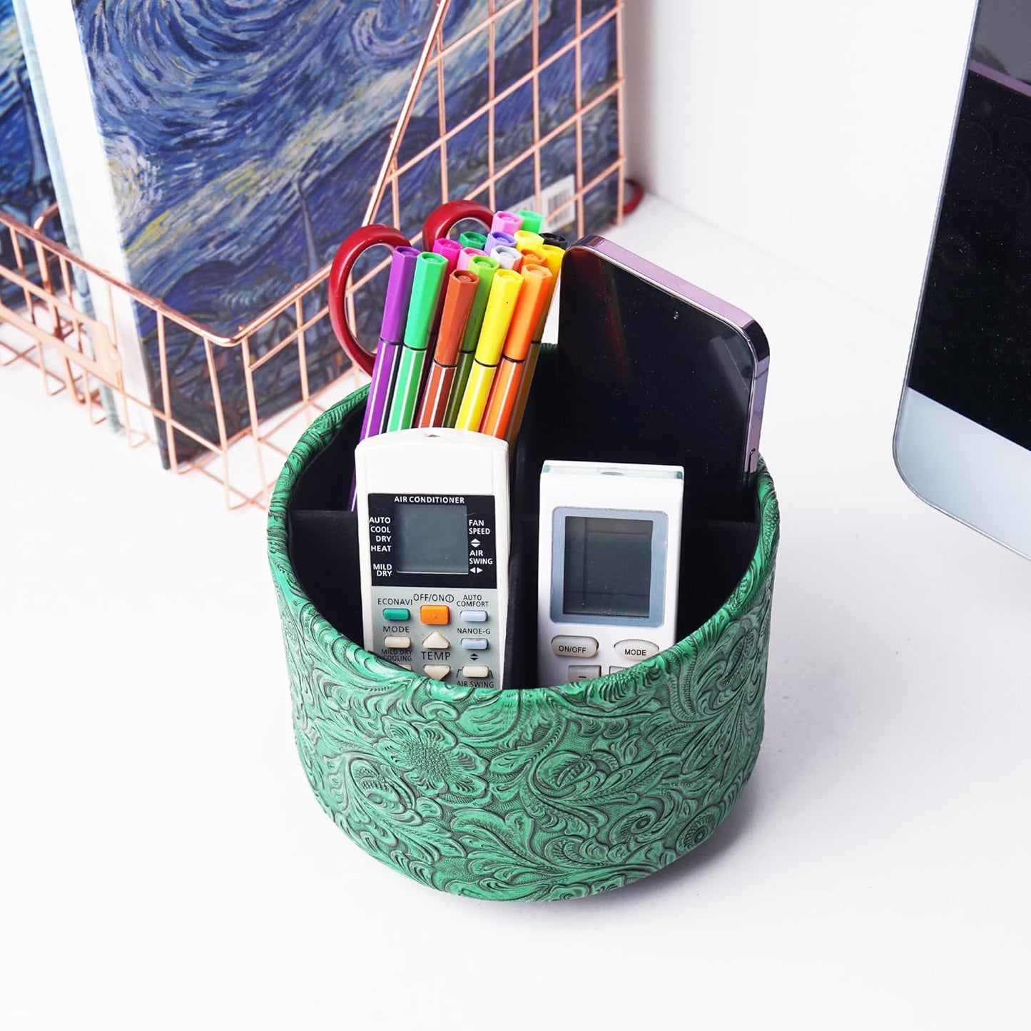 lizimandu Round Leather Art Supply Organizer,Remote Control Holder,360 Degree Spinning,Multi-Functional Pencil Holder,4 Compartments Desktop Stationary Organizer(1-Gold) - Colors A