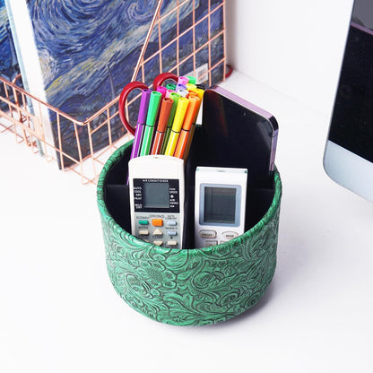 lizimandu Round Leather Art Supply Organizer,Remote Control Holder,360 Degree Spinning,Multi-Functional Pencil Holder,4 Compartments Desktop Stationary Organizer(1-Gold) - Colors A