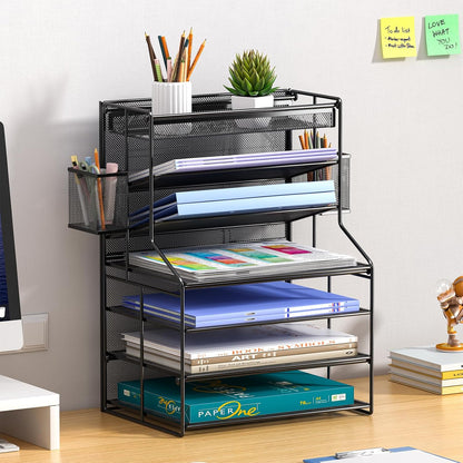 7 Tier Desk File Organizer – Vertical File Organizer for Desk with Removable Pen Holder & Adjustable Pull-out Drawer – Metal Document Organizer for Office, Simple Trending Design – Black