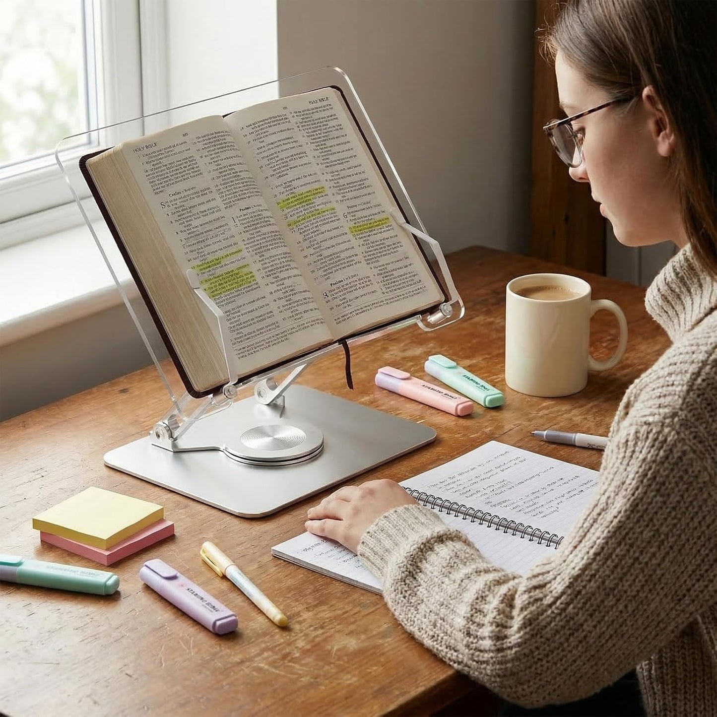 Premium Aesthetic Aluminum Acrylic Book Stand for Reading, Ergonomic Book Holders for Reading Hands Free, Portable Laptop Book Stand for Desk, Reading Stand for Textbook, Recipe, Music Sheets