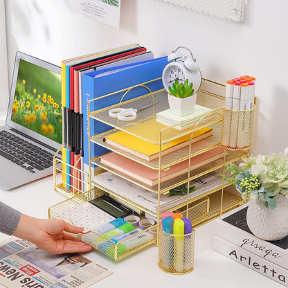 Marbrasse Desk Organizer with File Holder, 5-Tier Paper Letter Tray Organizer with Drawer and 2 Pen Holder, Mesh Desktop Organizer and Storage with Magazine Holder for Office Supplies(Black)