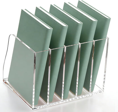 YUXUN Clear Acrylic File Folder Holder - 4 Vertical Compartments Desk Document Sorter, Upright Magazine Rack for Office/Home/Classroom, Stores Documents, Tablets, Magazines, Books & Accessories