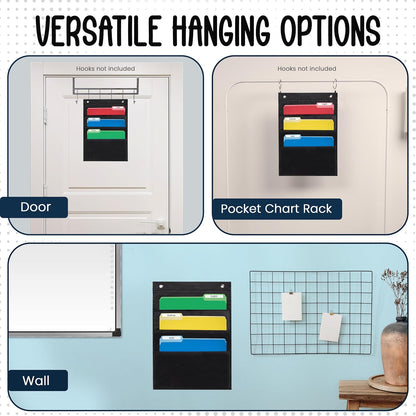 Essex Wares - 7 Pocket File Pocket Chart, Black, Tall - Versatile Wall Hanging File Folder Organizer for Classroom, Office, Home, and More - Wall Folder Organizer - 7 Pockets