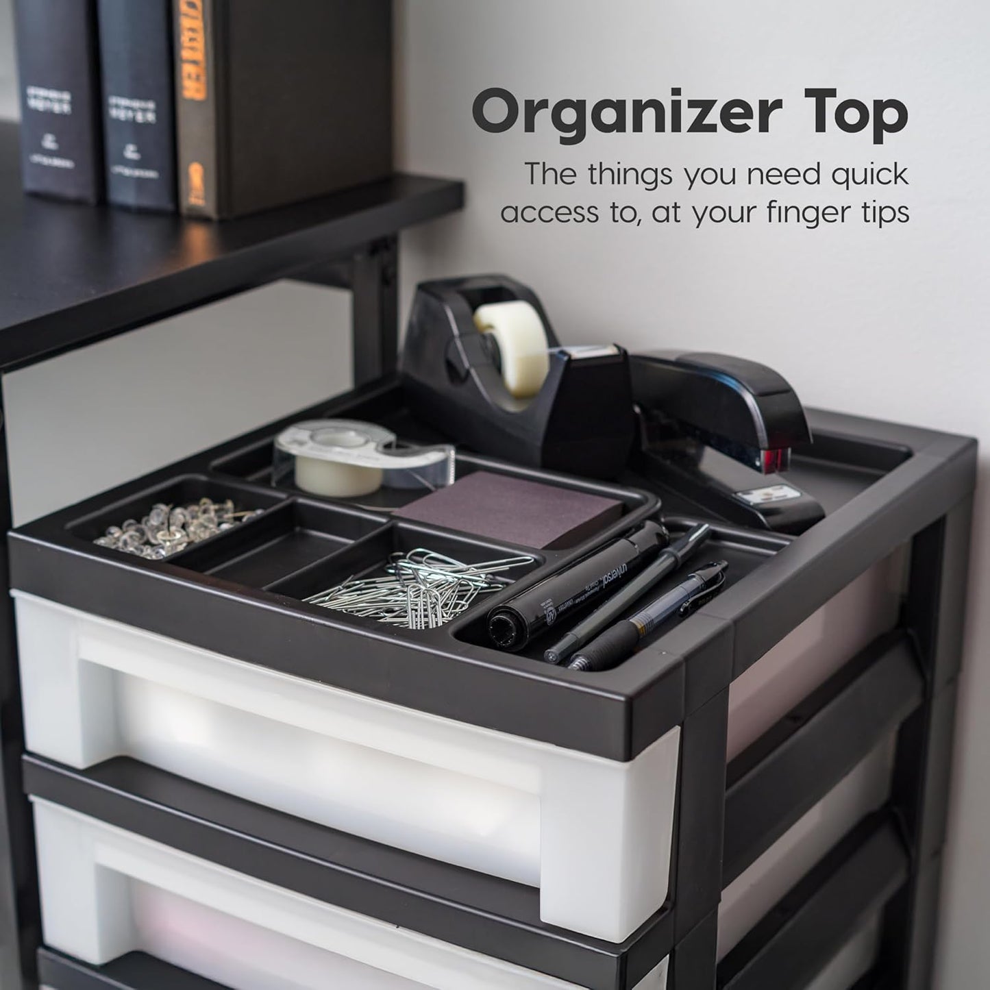 IRIS USA Plastic Drawer Storage Organizer Rolling Cart, with Wheels Casters, 4-Drawers, for Classroom Art Craft Supplies Dresser Closet Bathroom Laundry Room, Black/Pearl