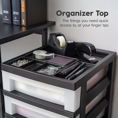 IRIS USA Plastic Drawer Storage Organizer Rolling Cart, with Wheels Casters, 4-Drawers, for Classroom Art Craft Supplies Dresser Closet Bathroom Laundry Room, Black/Pearl