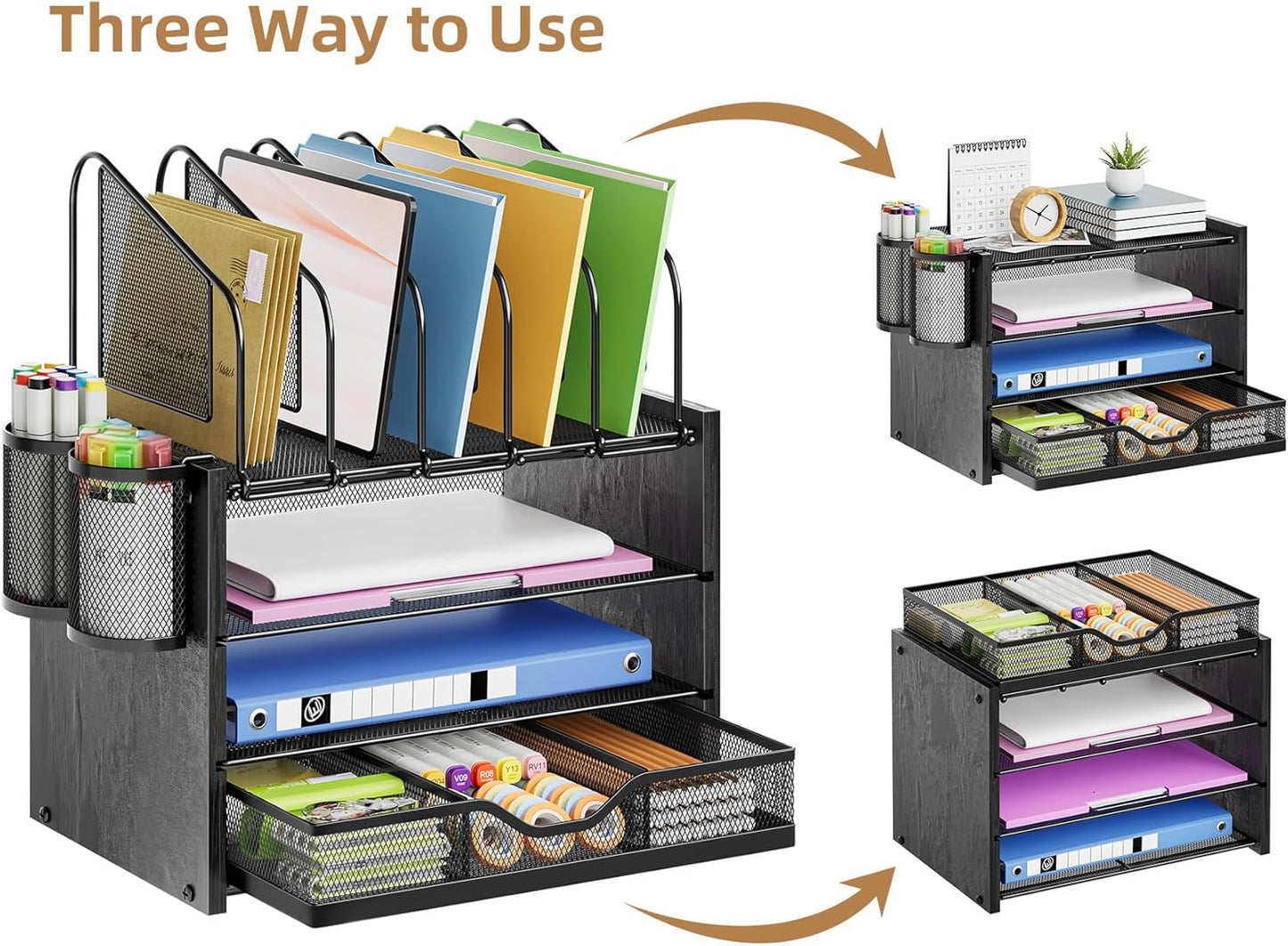 Marbrasse Desk Organizer with Drawer, 4-Tier Mesh File Organizer with 5 Vertical File Holders and 2 Pen Holders, Multifunction Desktop Organizer,Desk Organizers and Accessories for Home Office