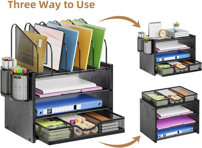 Marbrasse Desk Organizer with Drawer, 4-Tier Mesh File Organizer with 5 Vertical File Holders and 2 Pen Holders, Multifunction Desktop Organizer,Desk Organizers and Accessories for Home Office
