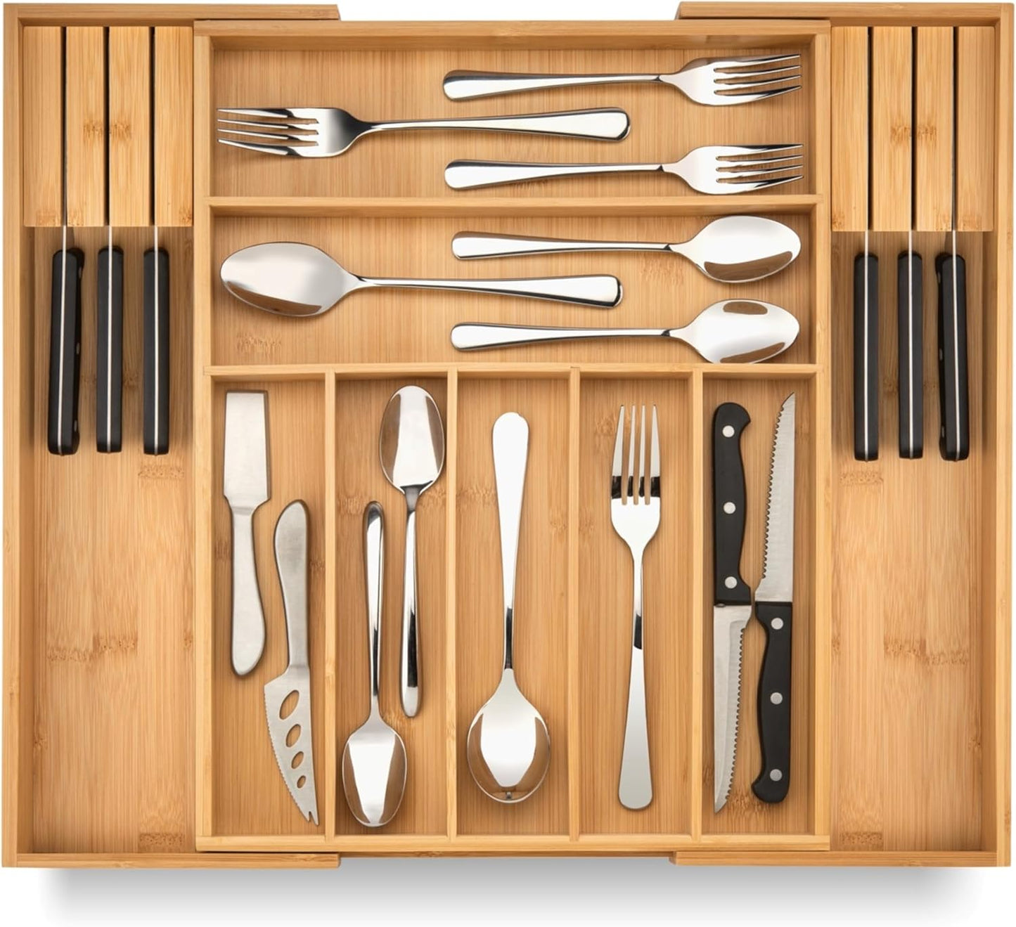 Purawood Kitchen Drawer Organizer - Expandable Utensil Drawer Organizer for Kitchen, Cutlery Tray & Silverware Organizer, 3-5 Slots - Bamboo Organizer for Utensils & Flatware (Natural)