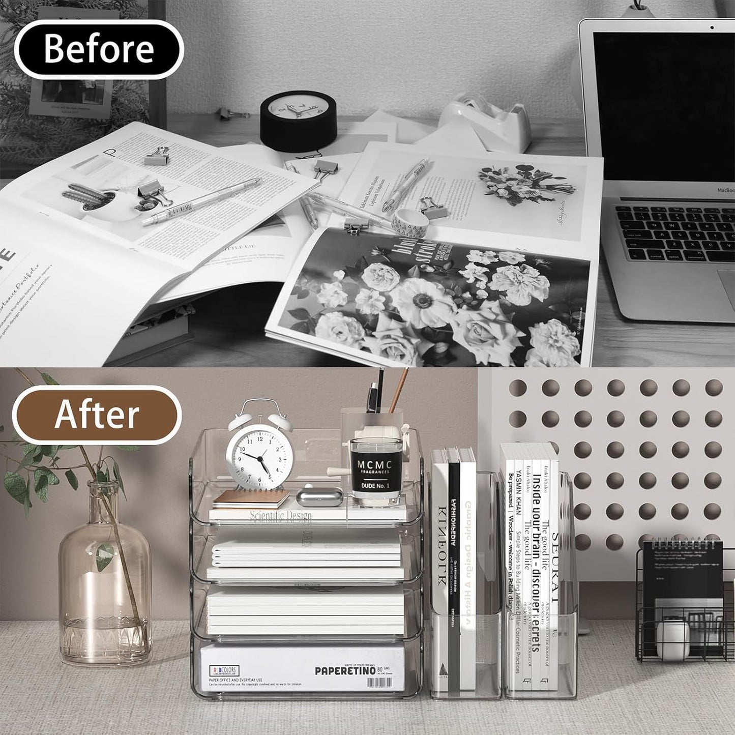 FANXIYQ 4-Tier Horizontal Acrylic Paper Tray Organizer with Bookends | Clear Stackable Desk Organizer for Documents, Letters, A4 Paper | Modern Office/Classroom/Home Organization