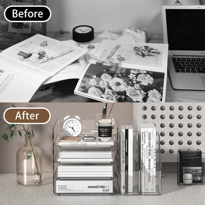 FANXIYQ 4-Tier Horizontal Acrylic Paper Tray Organizer with Bookends | Clear Stackable Desk Organizer for Documents, Letters, A4 Paper | Modern Office/Classroom/Home Organization