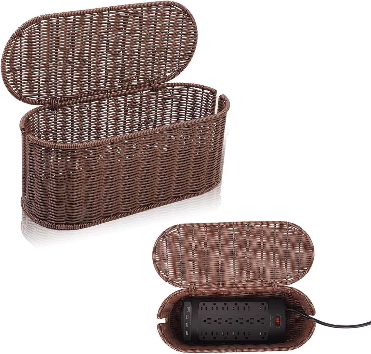 Cable Management Box, Handmade Rattan Cable Organizer with 2 Open Slots, Cord Hider for Power Strip, Router & USB Hub, Registered U.S. Design Patent (D1,112,102), 13" x 5.1" x 5.1", Natural
