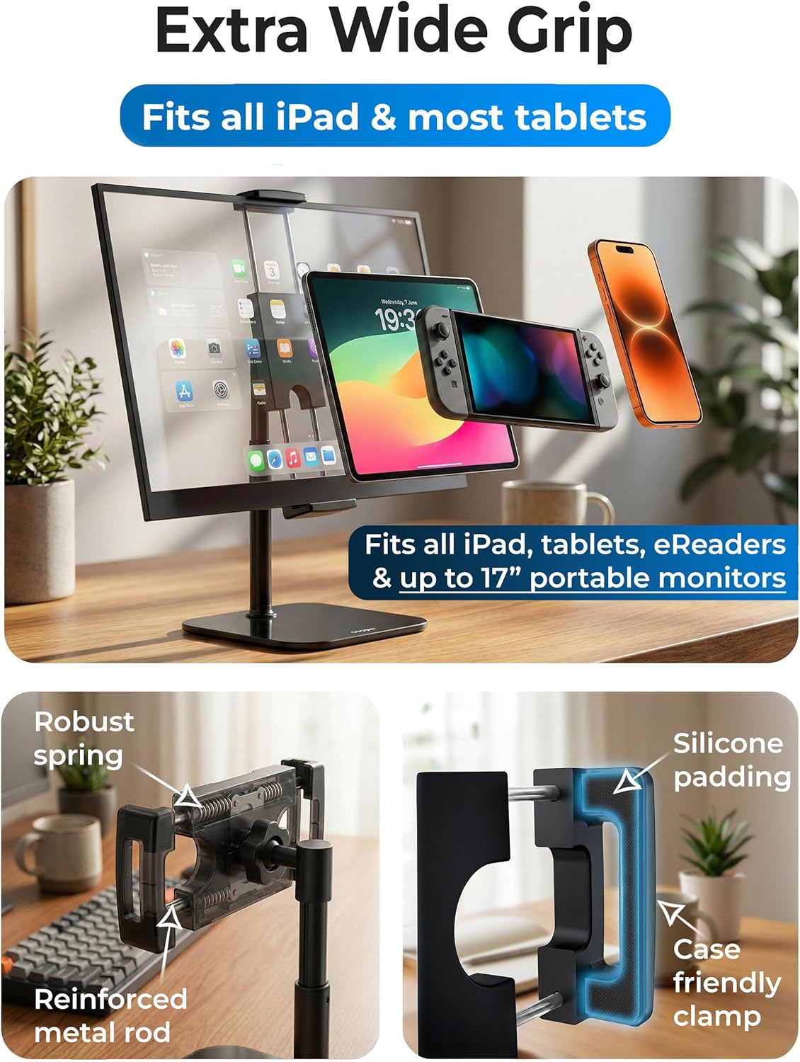 COOPER TabStand, 20" Tall iPad Stand for Desk, Portable Monitor Holder up to 17" Holds 4.4lb, Desktop Tablet Stand, Tablet Mount, Apple iPad Holder for Desk, for Samsung, Kindle, Fire (Night Black)