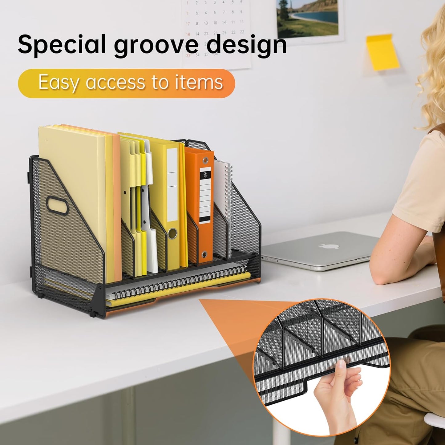 Docnest Desk File Holder Sorter, 4 Vertical Compartments Rack with Letter Tray, Mesh Magazine File Holder with Handle,Workspace Organizers,Desk Organizers for Paper, Mail, Documents-Black