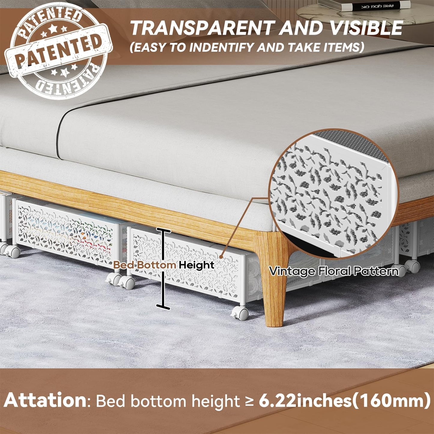 PHINOX Under Bed Storage Containers with Wheels, Under Bed Shoe Storage Organizer Drawer, Tool-free Assembly Metal Storage Containers for Bedroom Clothes Shoes Blankets -2PCK
