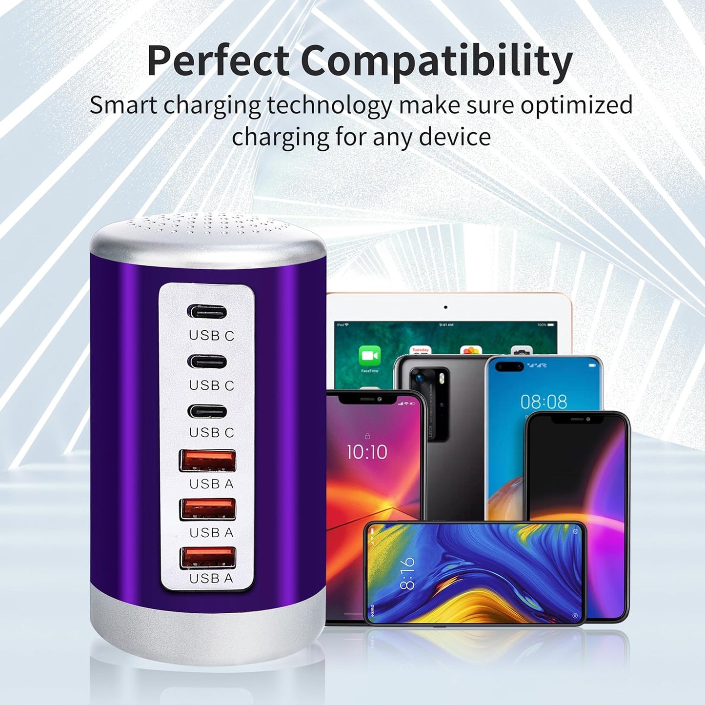 Universal USB Charger 6-Port Desktop USB Charging Station Hub with Smart Identification Technology Compatible with iPhone iPad Cell Phone Tablets(Purple)