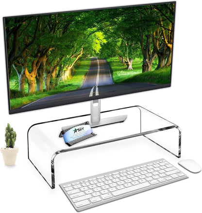 AMT Acrylic Laptop Monitor Stand & Computer Riser with Cat Keyboard Protector, Space-Saving Design, Extra Storage, Clear Shelf - Ideal for Monitors, Laptops, Printers, Desktop Decor
