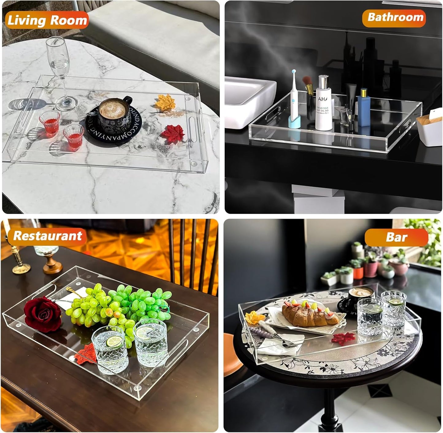 2 Pack Serving Tray with Handles, Clear Acrylic Tray for Serving Food, Large Outdoor Food Trays for Eating, Lucite Acrylic Trays for Appetizer, Pizza, Fruit and Drinks, Unbreakable, 16"×12"