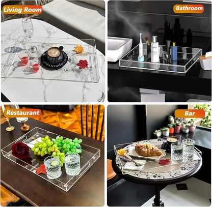2 Pack Serving Tray with Handles, Clear Acrylic Tray for Serving Food, Large Outdoor Food Trays for Eating, Lucite Acrylic Trays for Appetizer, Pizza, Fruit and Drinks, Unbreakable, 16"×12"