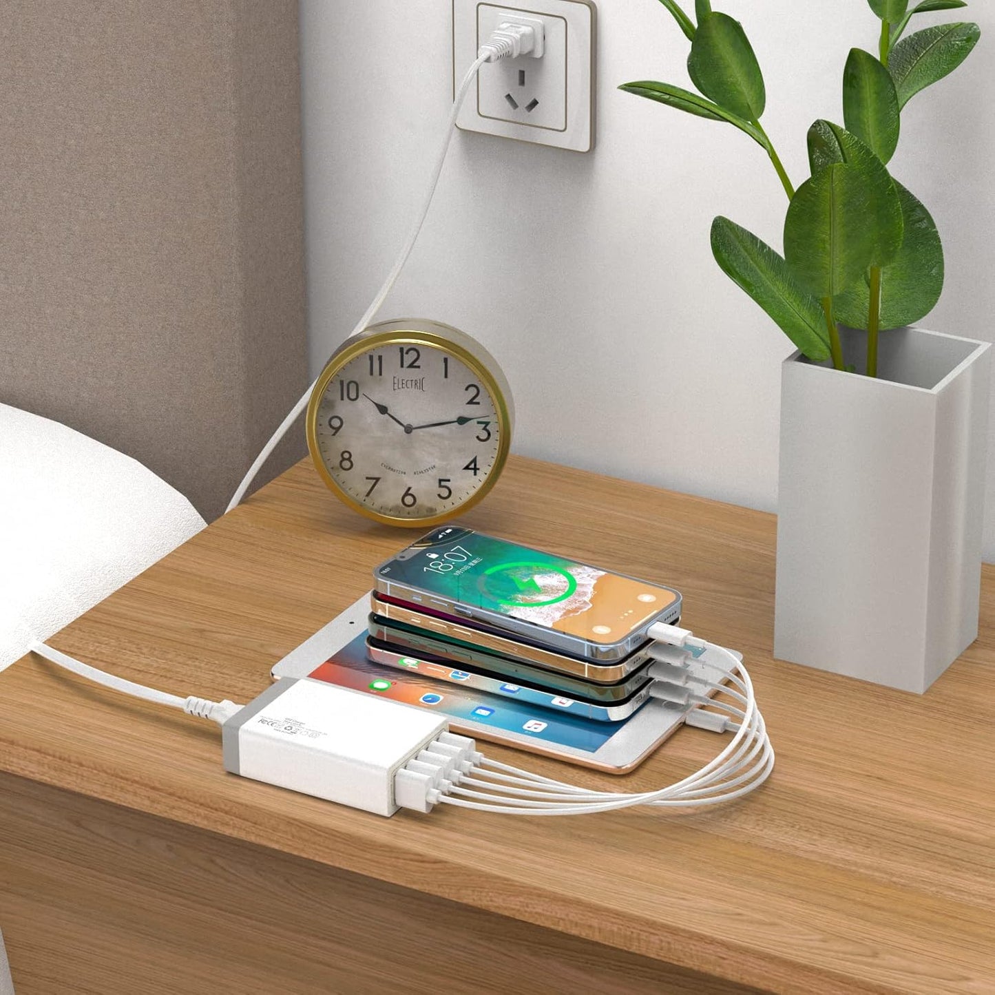 Pezin & Hulin Bamboo Charging Station for Multiple Devices with 5 Port USB Charger, 5 Cables and Watch Stand. Wood Desktop Docking Stations Organizer for Cell Phone, Tablet, Watch, Office Accessories