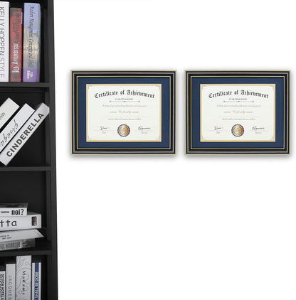 ELSKER&HOME Diploma Frame - Wide Solid Wood Frame - Black Velvet Golden Rim Mat - Semi-Tempered Glass - Includes Hanging Hardware and Desktop Easel(ONLY Display 11×14 Document/Certificate)