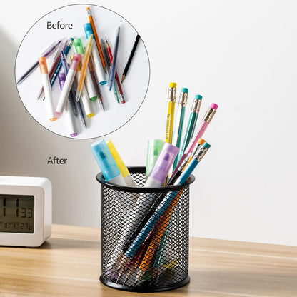 Amazon Basics Wire Mesh Pen Holder, Pencil Cup Desk Organizer for Stationery, Scissors, Office Caddy Storage, 3.7" x 3.3", Black