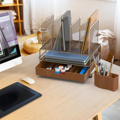 Simple Houseware Mesh Desk Organizer with Sliding Drawer, Double Tray and 5 Upright Sections, Black