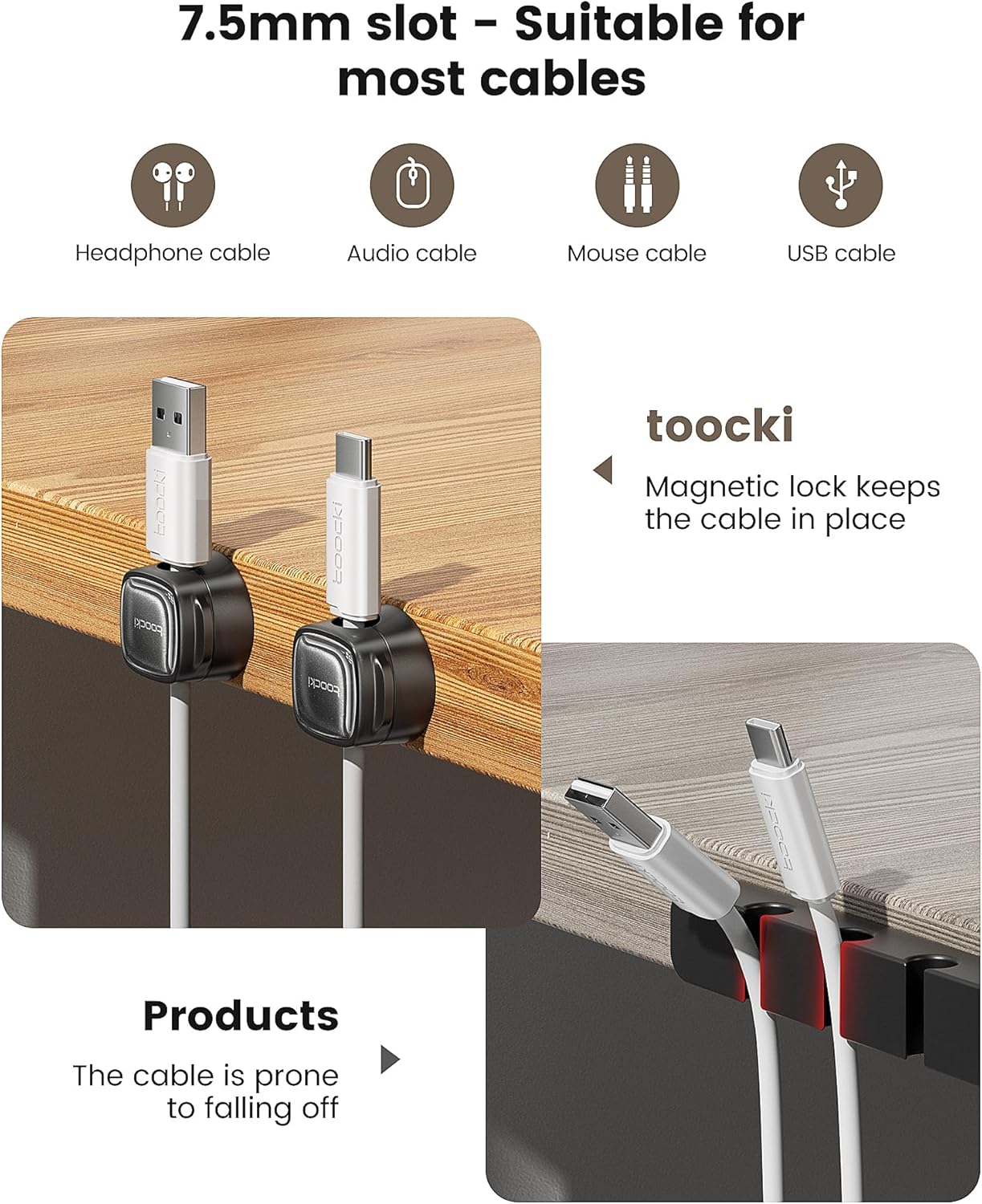 6 Pack Magnetic Cable Clips – Cord Organizer & Holder, Toocki Adhesive Cable Management, Wire Holder for USB Charging Cables, Ideal for Home, Office, Car, Desk, and Nightstand-Purple