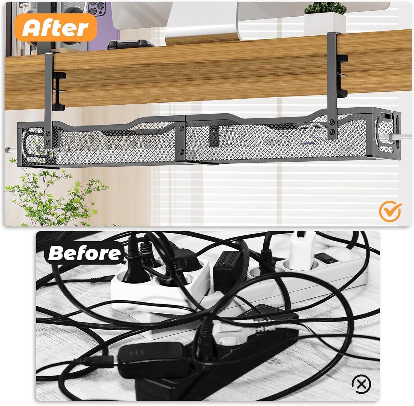 Under Desk Cable Management Tray, 15.7'' No Drill Steel Desk Cable Organizers, Wire Management Tray Cable Management Rack (1 Pack-Black)