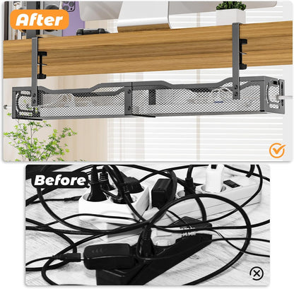 Under Desk Cable Management Tray, 15.7'' No Drill Steel Desk Cable Organizers, Wire Management Tray Cable Management Rack (1 Pack-Black)