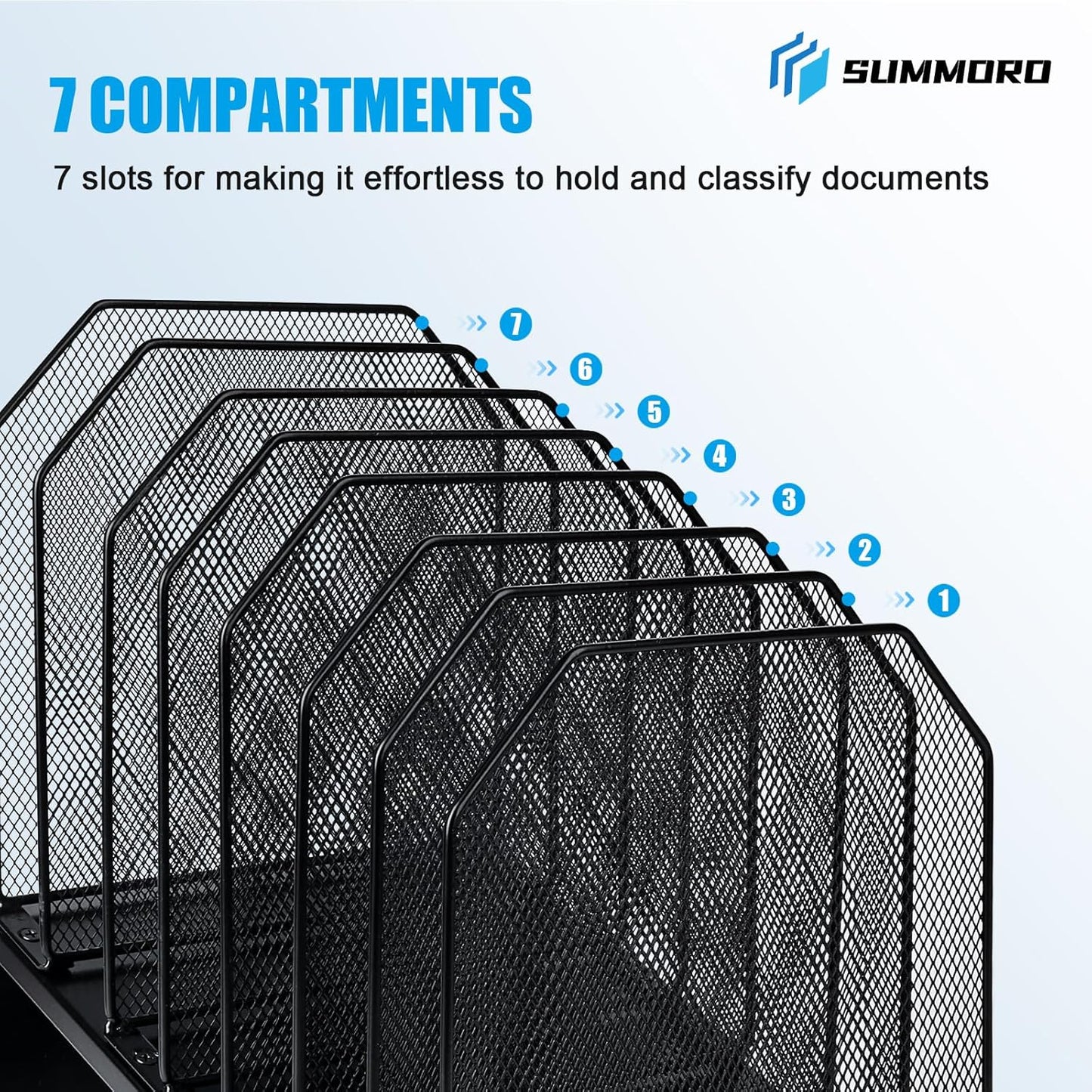 SUMMORO Inclined File Organizer for Desk, 7-Section Vertical File Folder Holder Office Desk Organizer Metal Rack File Wire Mesh Desktop Document Sorter for Office School Classroom Home (Black)