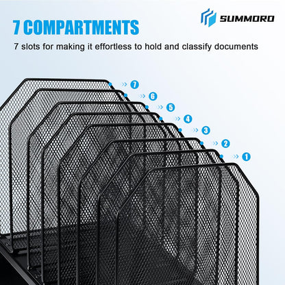 SUMMORO Inclined File Organizer for Desk, 7-Section Vertical File Folder Holder Office Desk Organizer Metal Rack File Wire Mesh Desktop Document Sorter for Office School Classroom Home (Black)