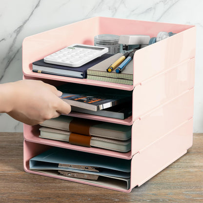 Tiawudi Desk Organizer, Clear Office Organization and Storage, Plastic Letter Tray, Stackable File Organizer for Classroom, Home, Documents, Notes, Folders, Books and Pens, 4 Tier