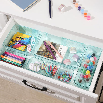 14 Pcs Adjustable Clear Drawer Organizer, Extendable Vanity Storage Bins, Desk Drawer Organizer Set for Makeup, Cosmetics, Bedroom, and Gadgets, Purple