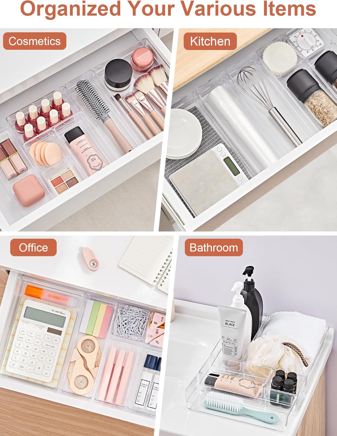 SMARTAKE 13-Piece Drawer Organizer with Non-Slip Silicone Pads, 5-Size Desk Drawer Organizer Trays Storage Tray for Makeup, Jewelries, Utensils in Bedroom Dresser, Office and Kitchen (Clear)