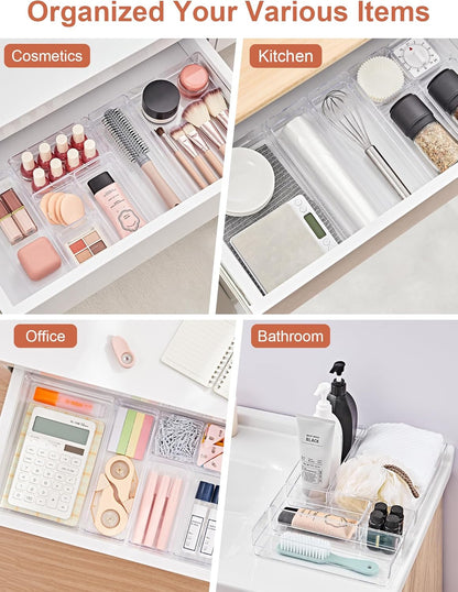 SMARTAKE 13-Piece Drawer Organizer with Non-Slip Silicone Pads, 5-Size Desk Drawer Organizer Trays Storage Tray for Makeup, Jewelries, Utensils in Bedroom Dresser, Office and Kitchen (Clear)