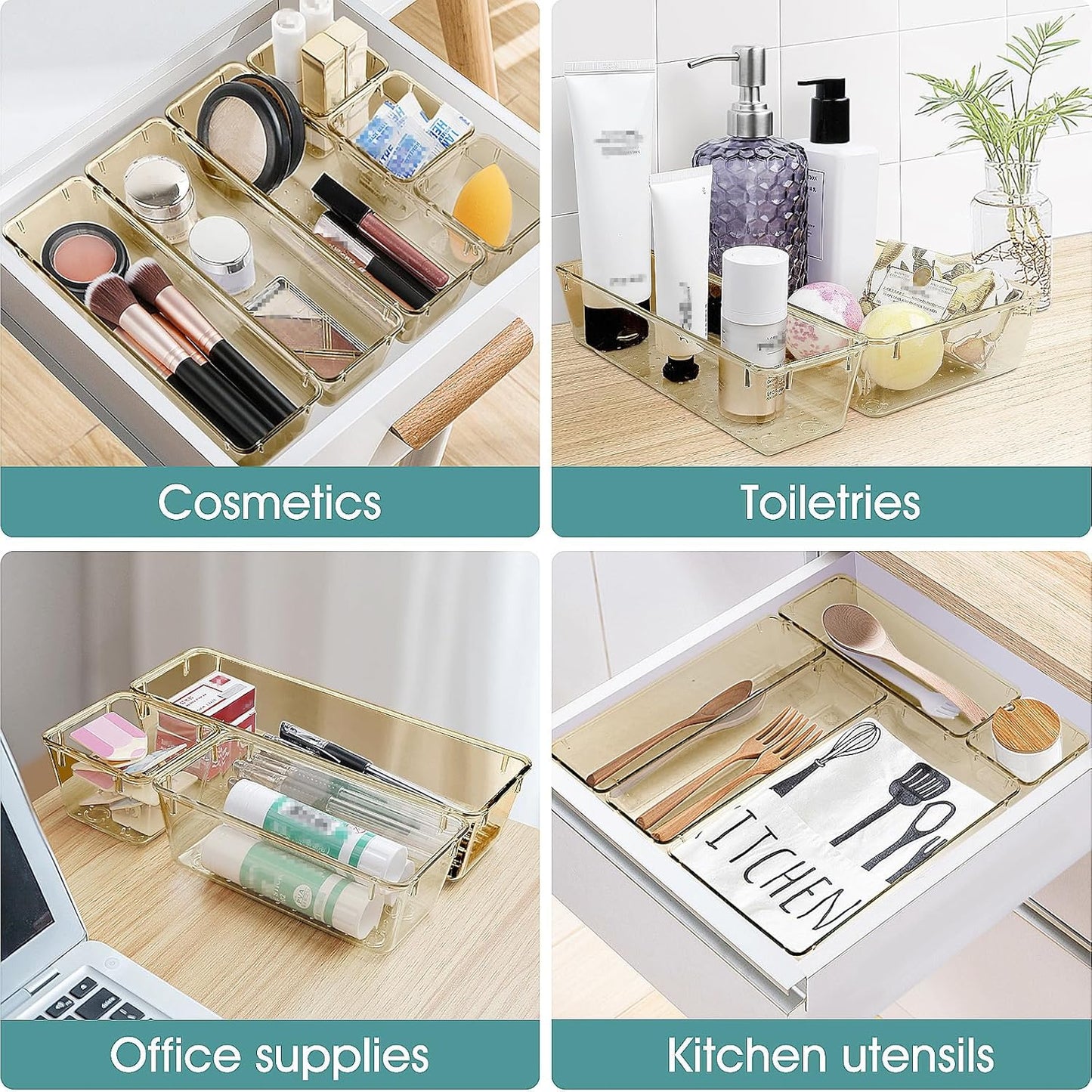WOWBOX 25 PCS Clear Plastic Drawer Organizer Set, 4 Sizes Desk Drawer Divider Organizers and Storage Bins for Makeup, Jewelry, Gadgets for Kitchen, Bedroom, Bathroom, Office