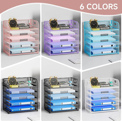 Paper Organizer Letter Tray with Handle, 5-Tier Black Stackable Desk Organizer with Metal Mesh, Sturdy Paper Tray for Office Desk, Home & Classroom Supplies Storage